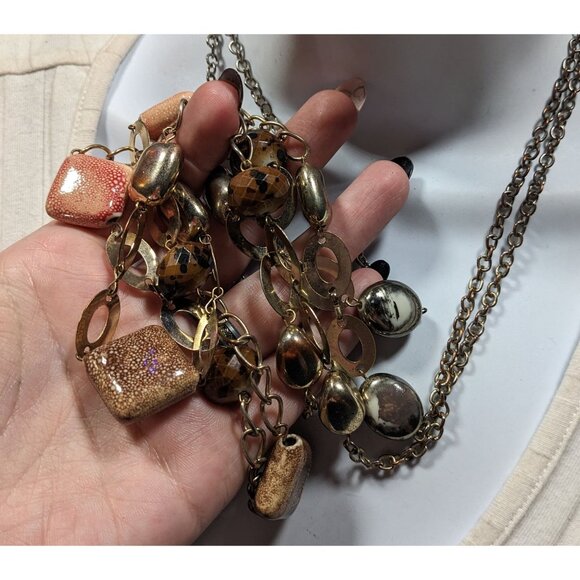 Retro Chunky Ceramic Glass And Metal Layered Necklace - Picture 3 of 8
